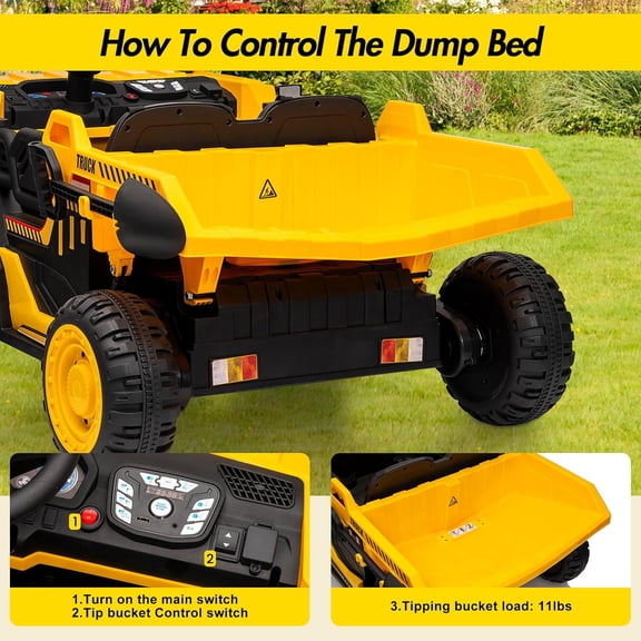 Historyli Ride On Dump Truck-24V 2 Seater Electric Car with R/C-2WD/4WD Powerful Motors,4.4 Mph,Electric Dump Bed & Shovel,EVA Tires,Music Player,Soft Start-Yellow