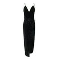 thumbnail image 5 of BLTIBY 2025 Women Sequin Evening Dress Hip Wrap V-Neck Ruched Waist Sleeveless Glitter Cocktail Party Slim Formal Gowns with High Split Black L, 5 of 6