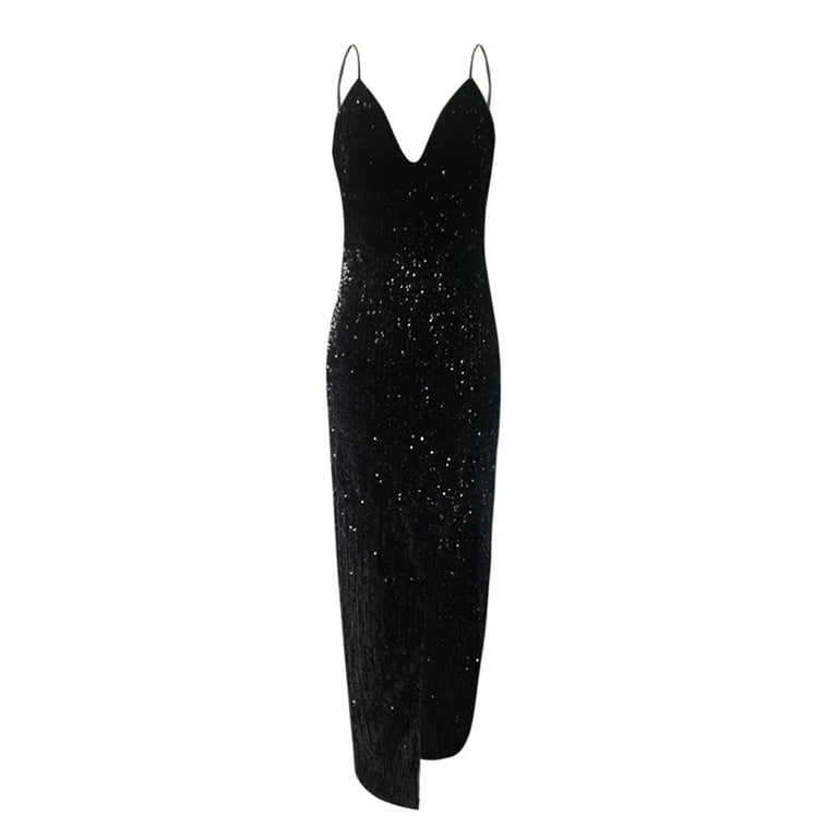 XFLWAM Women's Sexy V Neck Bodycon Sequin Gown Evening Dress with Slit  Elegant Wedding Guest Cocktail Dresses Black L - Walmart.com