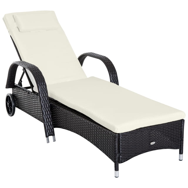 Chaise Longue en Rotin PE Blanc Café Foncé et Crème avec Dossier Réglable / Chaise Longue de Patio Extérieure avec Coussin et Roues - Parfaite pour Jardins et Piscines