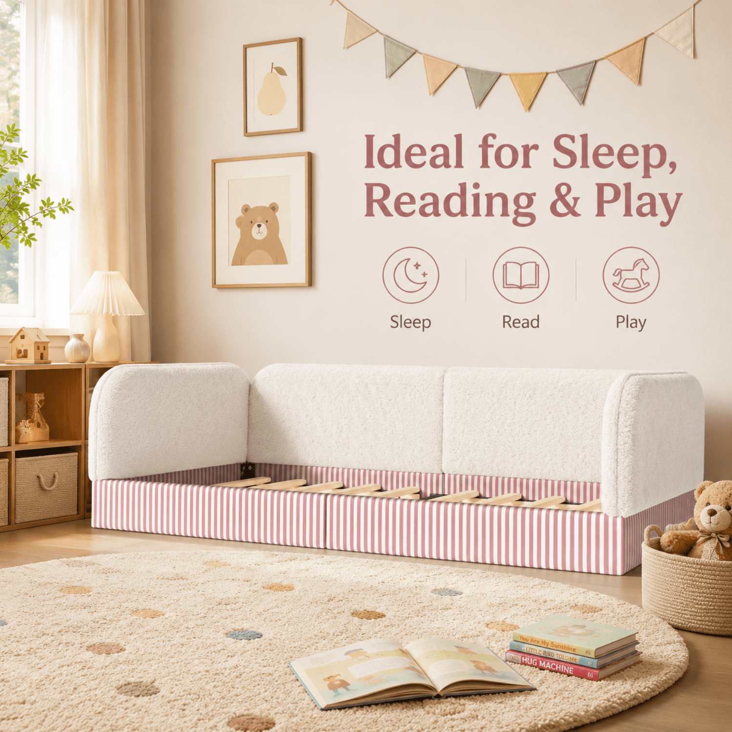 Miniyam Twin Kids Floor Bed with Padded Guardrails, Teddy Fleece Upholstered Montessori-Inspired Bed, White