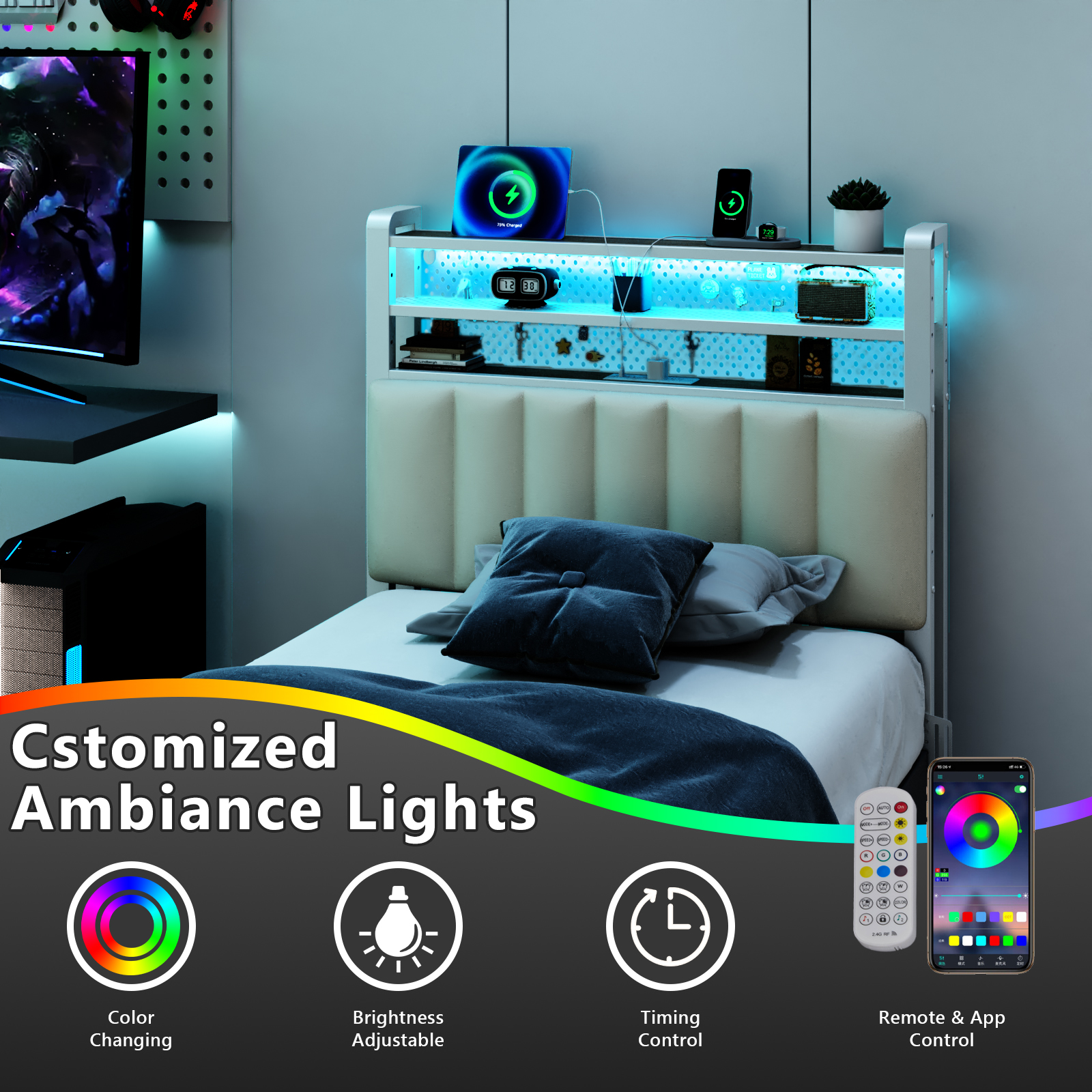 Zimtown Headboard for Twin Size Bed with Storage, Linen Upholstered Head Board with LED Light and Charging Station, White
