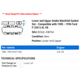 thumbnail image 2 of Lower and Upper Intake Manifold Gasket Set - Compatible with 1985 - 1996 Ford F-250 5.0L V8 1986 1987 1988 1989 1990 1991 1992 1993 1994 1995, 2 of 2