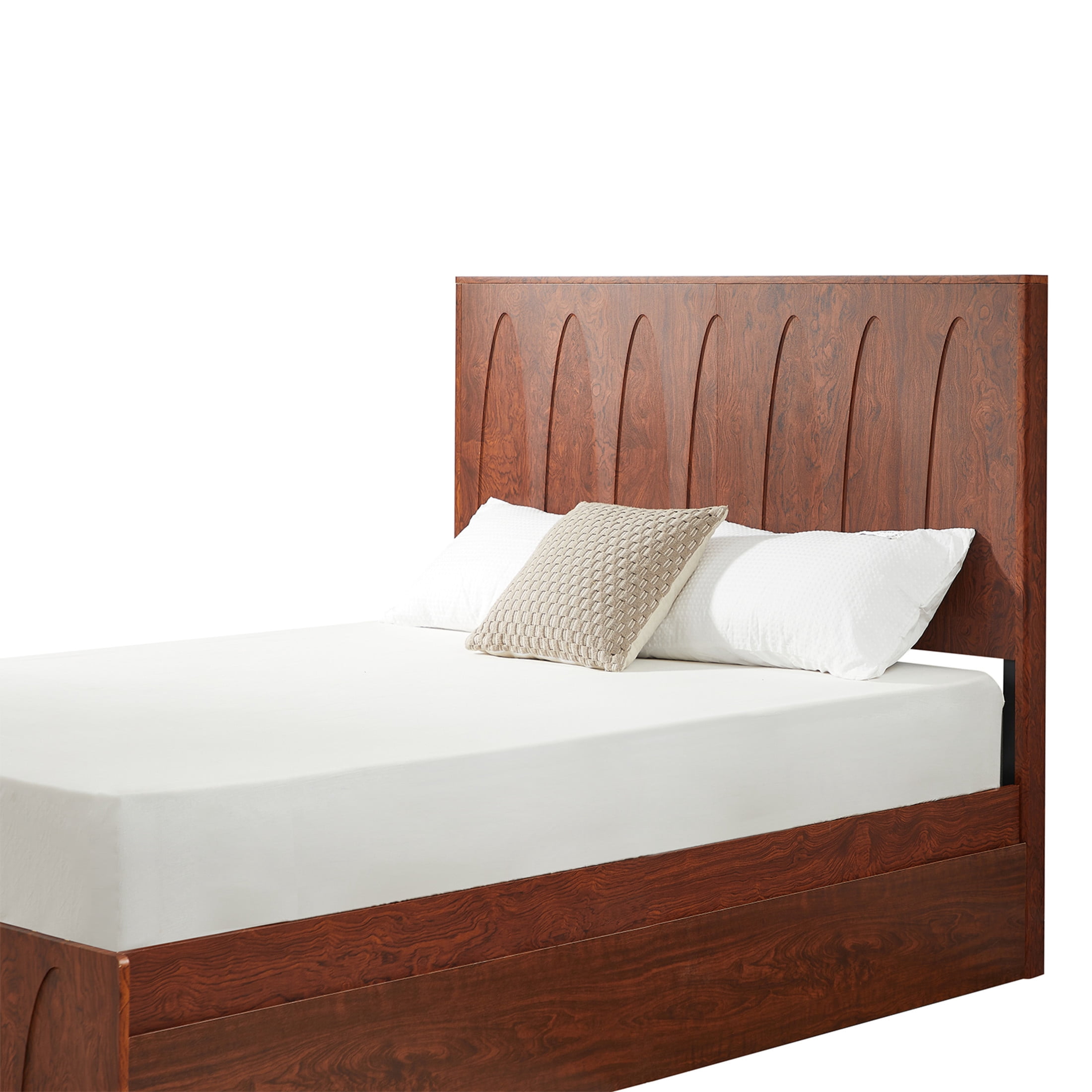 Noble House Queen Platform Bed Frame with Side Storage Drawers, Curved Wood Headboard, Natural Wood