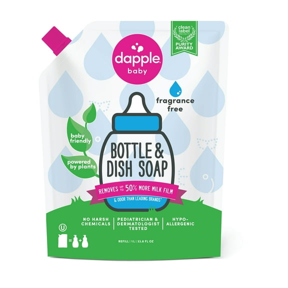 Dapple Baby Bottle and Dish Soap Refill, Fragrance Free, 34 fl oz