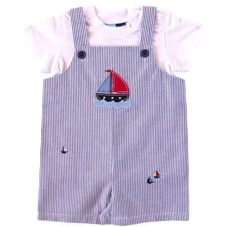 - Good Lad Newborn Boys Blue Seersucker Shortall Set with Boat Applique