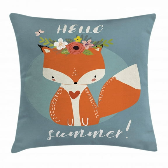 Hello Throw Pillow Cushion Cover, Greetings to the Coming of Summer Season Drawing of a Fox with Flourishing Flowers, Decorative Square Accent Pillow Case, 16 X 16 Inches, Multicolor, by Ambesonne