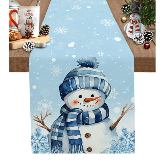 Table Runner 60 Inches Long for Kitchen Dining, Blue Christmas Snowman Dresser Scarf Farmhouse, Dining Table Decorations for Wedding/Parties, Xmas Snowflake Winter Blue 13 x 60 In