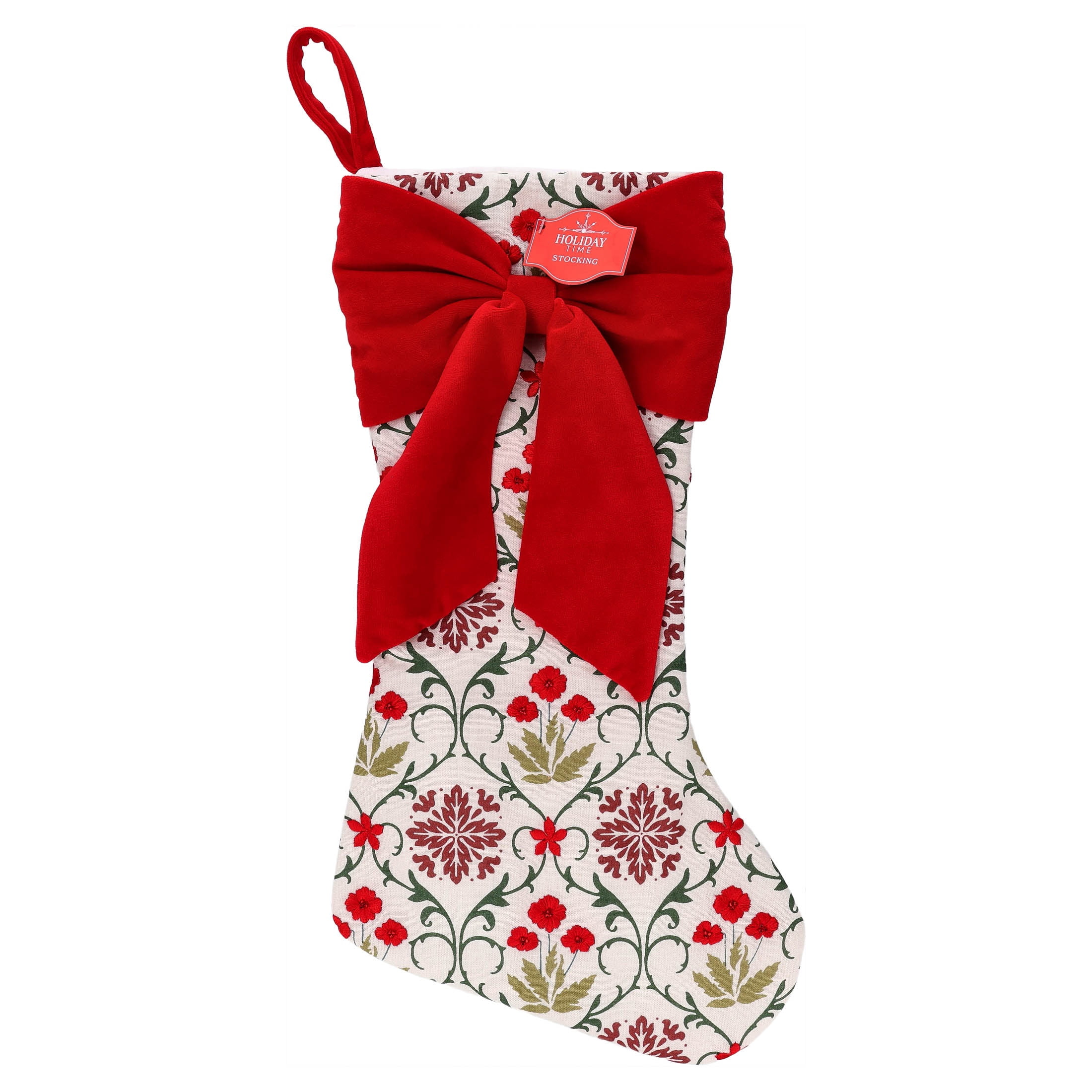 Floral Pattern Christmas Stocking with Velvet Bow, Multicolor, 19", by Holiday Time