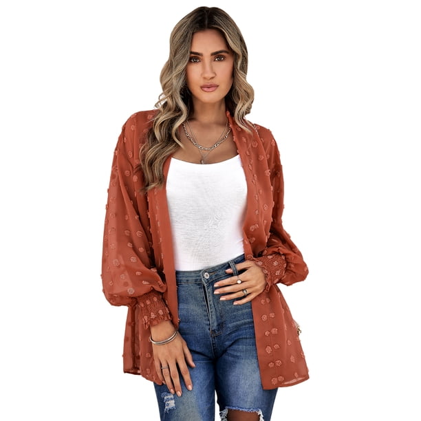 TRKIYQC Traje de baño para mujer, manga larga, puntos suizos, parte delantera abierta, gasa, cárdigan de playa TRKIYQC moda