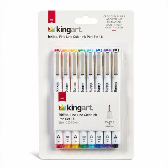 KINGART Inkline Fine Line Art & Graphic Pens, Archival Ink, Set of 8 Unique Colors, Size 10