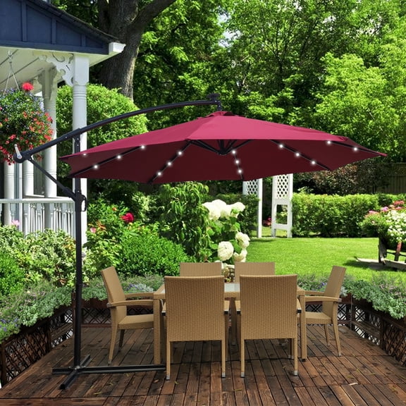 10ft Outdoor Solar LED Patio Umbrella, Offset Hanging Outdoor Umbrella with 24 LED Bulbs, Solar Panel, Crank & Cross Umbrella Base, Perfect for Patio, Yard, Garden, Deck, Poolside, Burgundy, D098