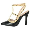 thumbnail image 3 of Forever Shoes Women Stiletto High Heels Pointy Toe Studded Pumps Ankle Strap Two Tone Biege Gold Accent STUDS-03 Black 7.5, 3 of 4