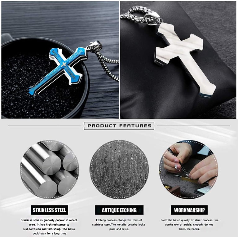 Car Nail Cross Pendant - Stainless Steel Religious Ornament With 2 Chains (24" & 13"), Black, For Rearview Mirror Or Necklace