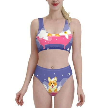 Daiia Dog Washes in a Pink Bath printed 2 piece Swimsuit Bikinis for Women High Waisted Racerback Bathing Suits Summer Tummy Control Scoop Neck Swimwear-Large