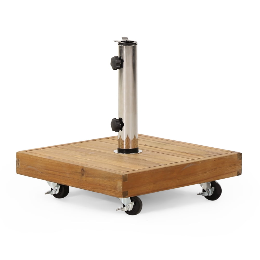 40 lbs Square Teak Finish Umbrella Base with Wheels, Heavy-Duty Patio Umbrella Stand for Outdoor Use