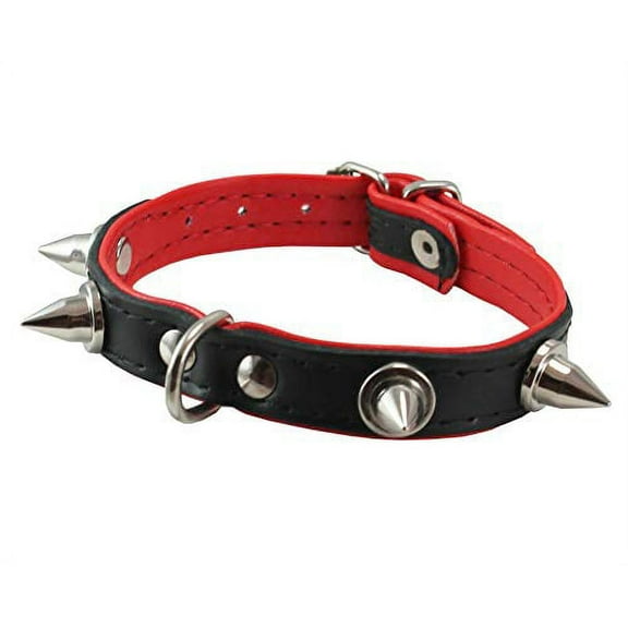 Dogs My love Spiked Genuine Leather Dog Collar Padded (8.75"-10.5" Neck; 1/2" Wide, Black/Red)