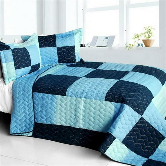 Azurite - Vermicelli-Quilted Patchwork Plaid Quilt Set  Full & Queen Size - Blue