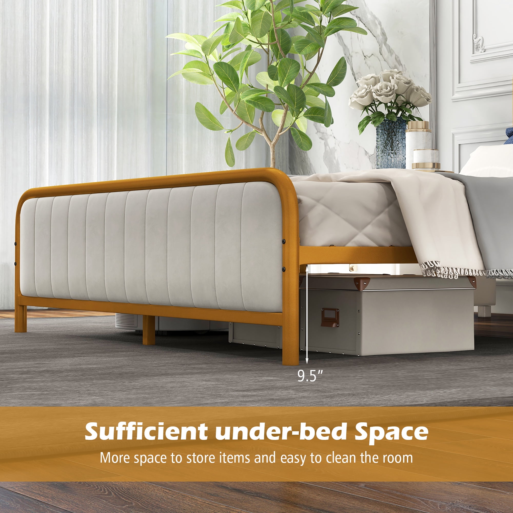 Costway Queen Gold Metal Bed Frame Upholstered Platform Bed with Velvet Headboard