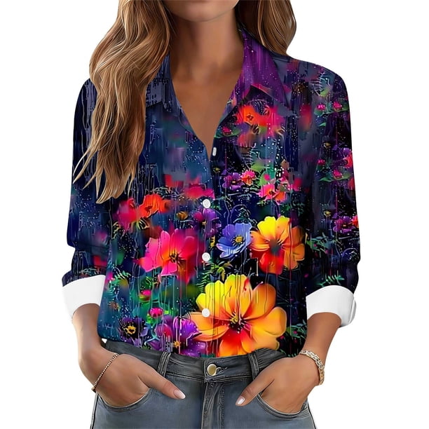 TaTaai Women Casual Printed Long Sleeve Collared Shirt Button Down Blouse Ladies Daily Commute Festival Event Wear Soft Breathable Non See Through Stylish Comfortable Top Gift