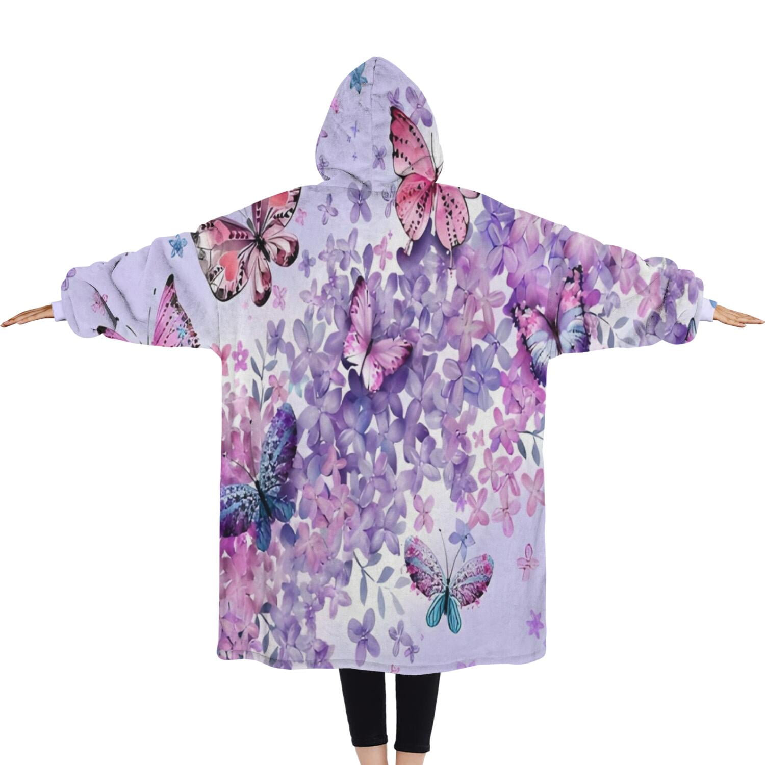 Oversized Wearable Blanket Hoodie,Purple Butterfly Flower Pattern Sherpa Blanket Hoodie with Super Pockets,Super Warm Fuzzy Pullover for Women & Men