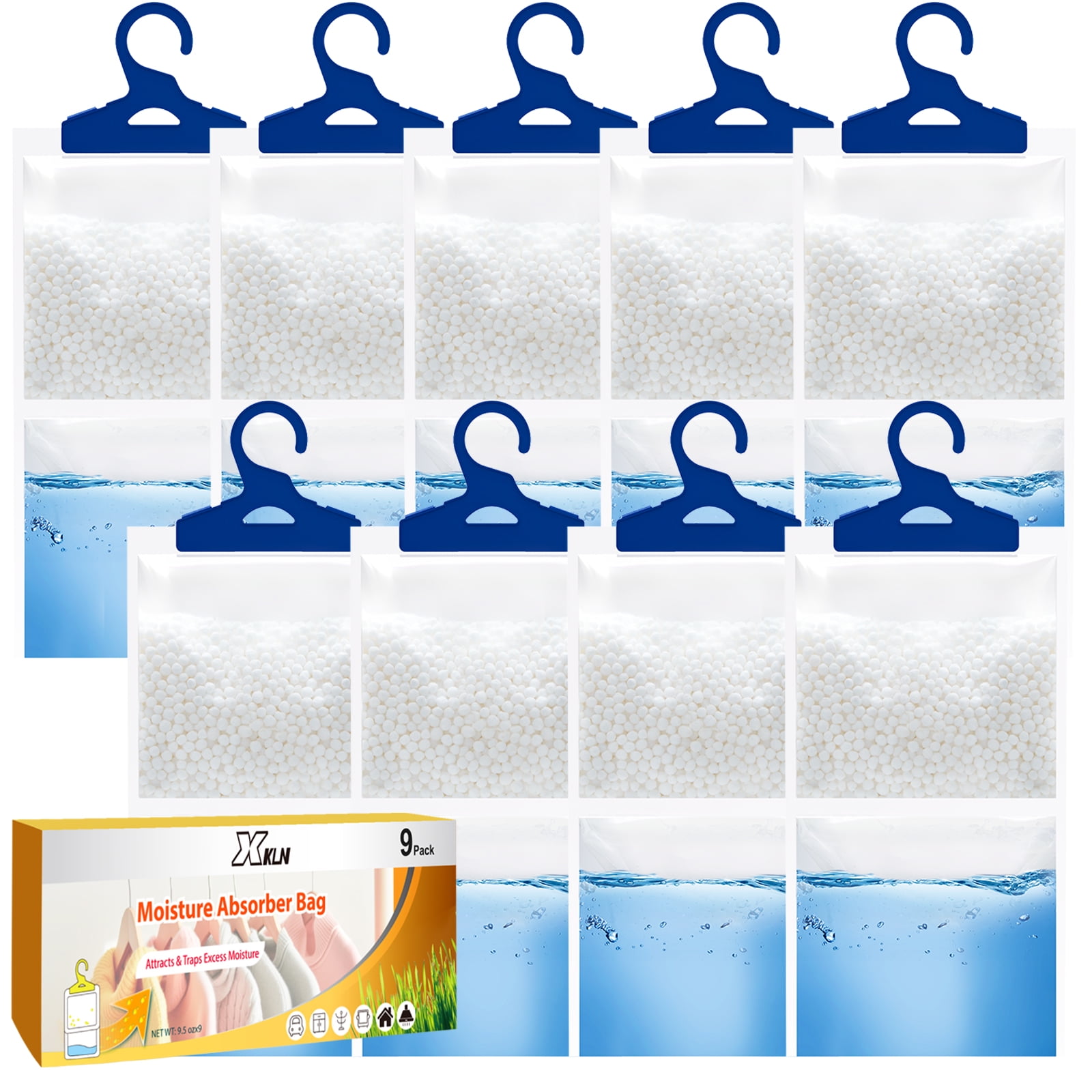 XKLN Moisture Absorber Packets 9 Pack, Humidity Packs, Hanging Closet Dehumidifier Bags,  9.8OZ