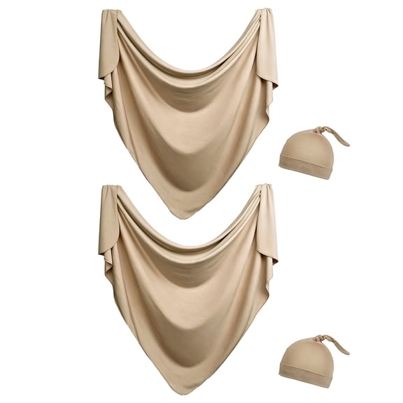 2 Pack Khaki Modal Baby Swaddle Set with Knotted Hats, Soft Breathable Stretchy Newborn Receiving Blankets for 0-6 Months, Unisex Baby Shower Gift