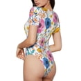 thumbnail image 3 of KLL Women 's Crew Neck Bodysuit Jumpsuits Rose Flowers Print Short onesies Stretch T Shirts, 3 of 7