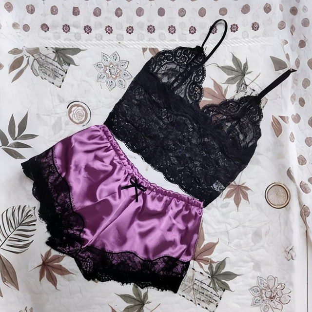 Puntoco Ropa de dormir para mujer Pijama sexy de encaje negro con retazos de encaje para mujer y ropa de casa sexy para mujer