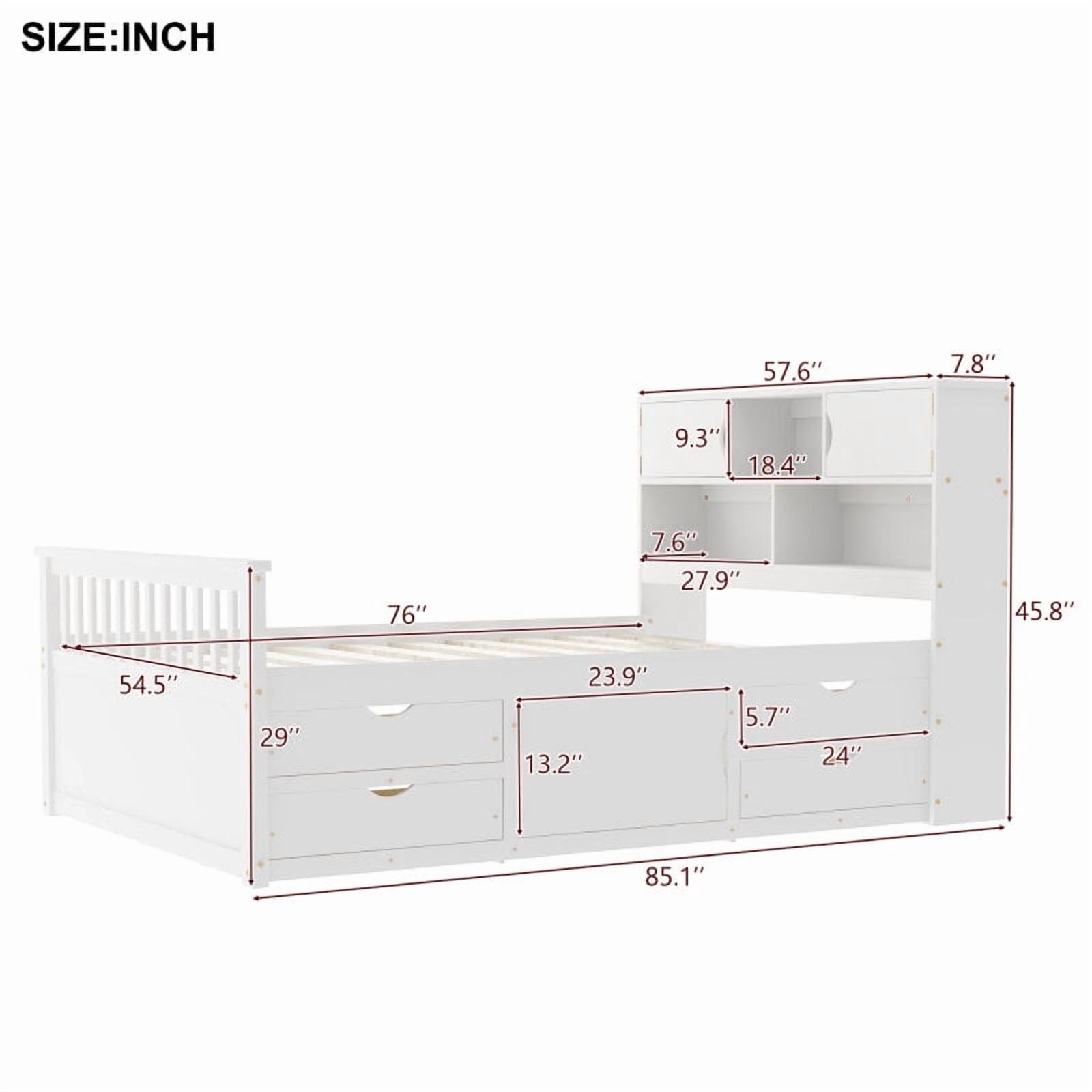 [Luckynote]Full Size Captain Platform Bed Frame with Storage Bookcases and Shelves,Four Drawers,White