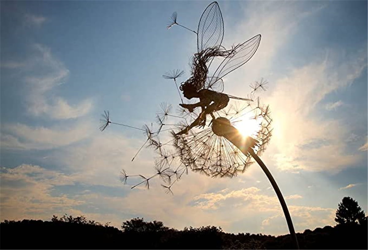 Faries and Dandelions Dance Together Sculpture Metal Garden Fairy Decoration Stake Fairy Playing on with the Dandelion Elf Silhouette Ornament Garden Silhouette 4 pcs