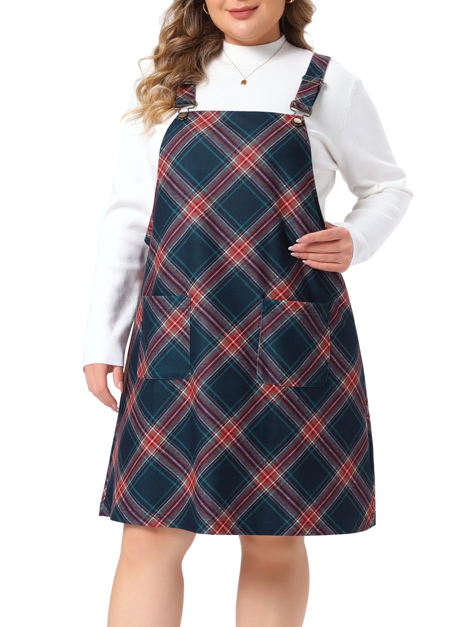 DARING DIVA Women's Plus Plaid Pinafore Dress Sleeveless Strap Overall 2X Dark Blue