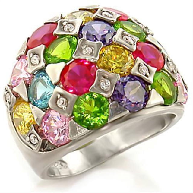 Rhodium Brass Ring with AAA Grade CZ in Multi Color for Women Multi Color Stone Color Style 7X150 Size 9