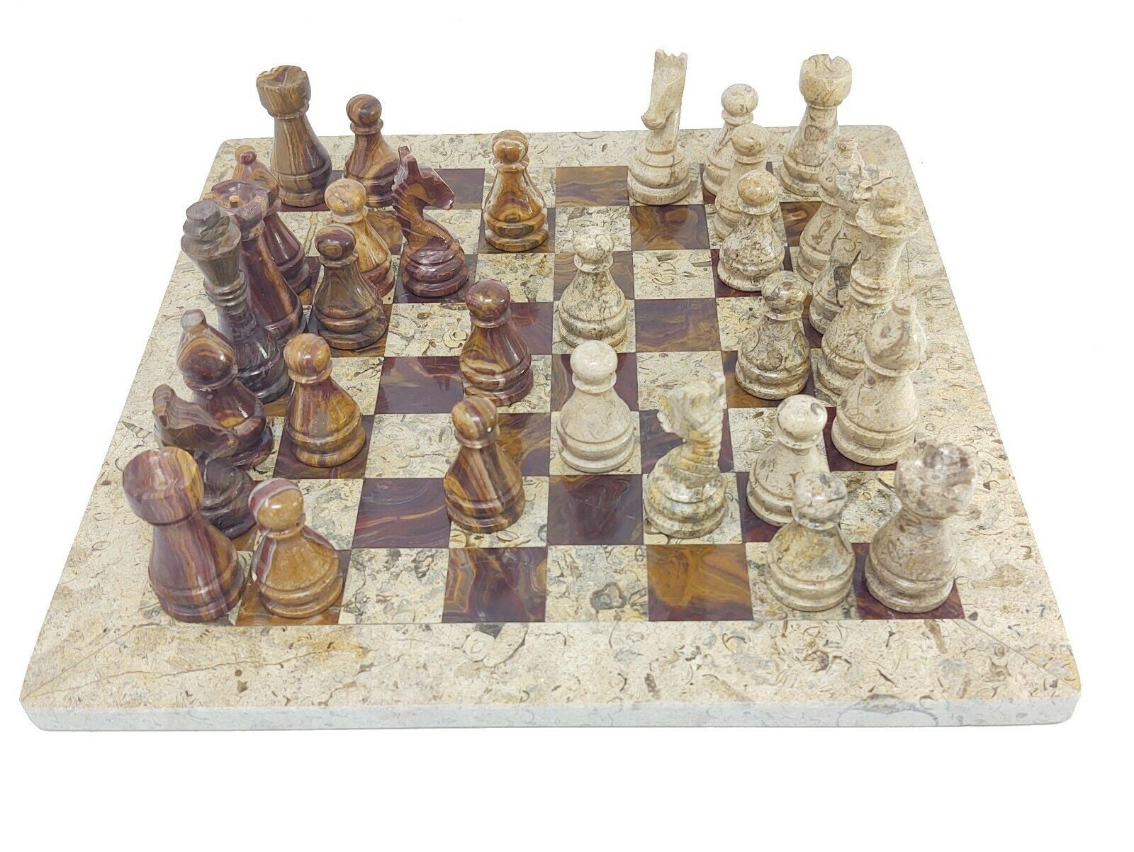 JT Handmade Fossil Coral and Dark Brown / Red Marble Chess Game Set – 12 inch