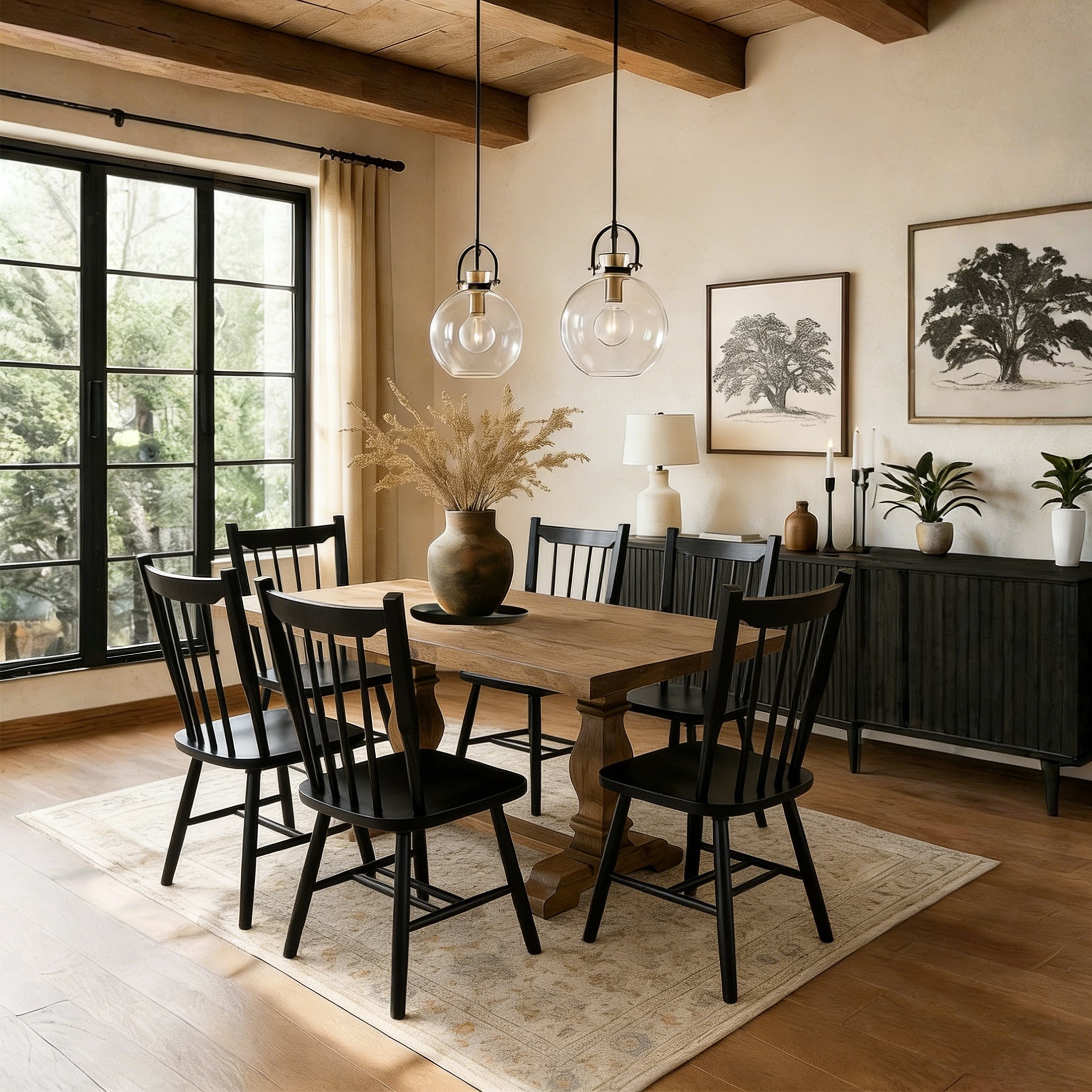 Guyou Windsor Dining Chair Set of 4, Farmhouse Solid Wood Kitchen Chairs with Spindle High Back, Mid Century Armless Dining Side Chairs for Dining Rooms Restaurant, Black