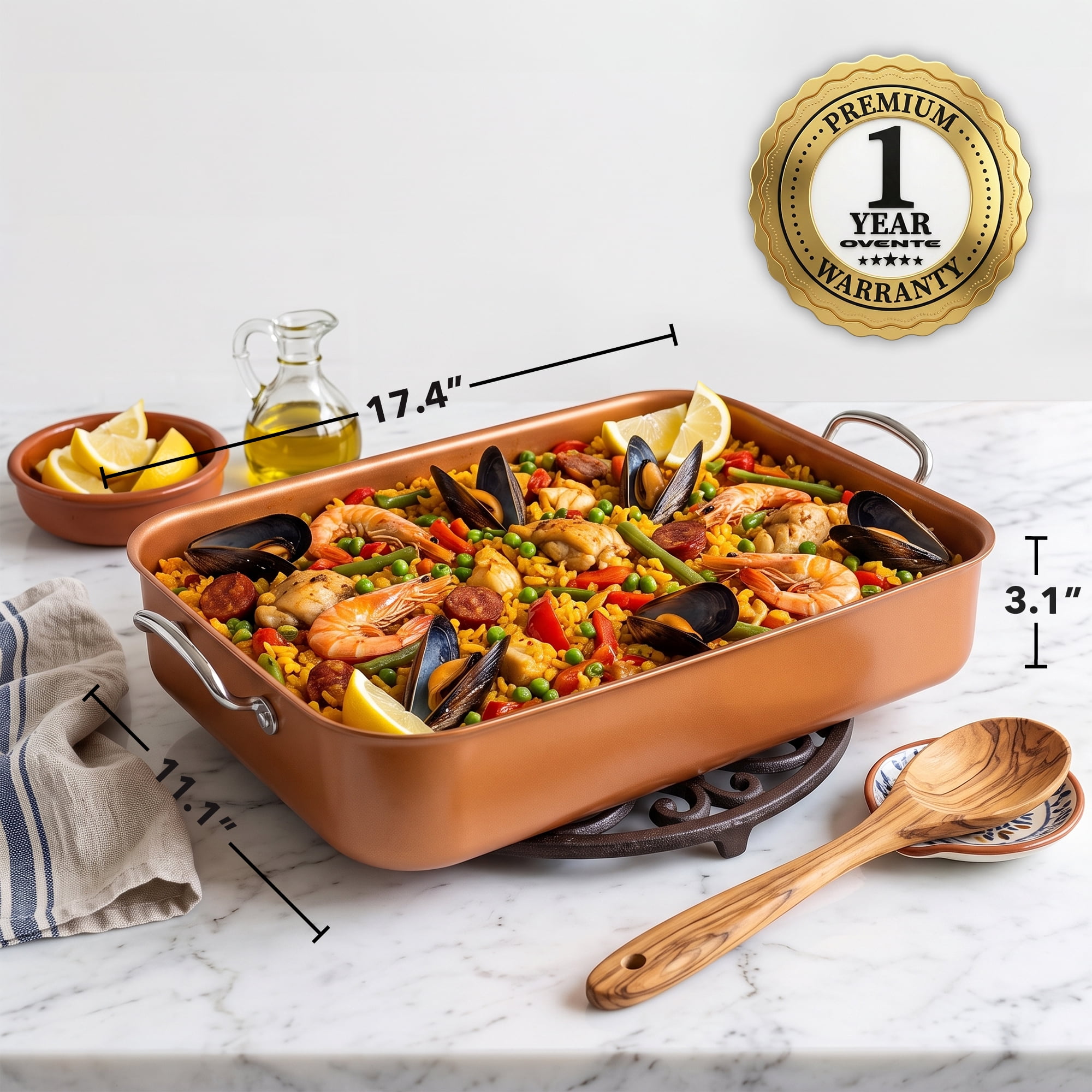 OVENTE 17" Carbon Steel Roasting Pan with V-Shape Rack, Copper CWR30820CO | Heavy-Duty Nonstick Rectangular Turkey Roaster for Chicken, Beef, Ham and Lasagna, Dishwasher Safe