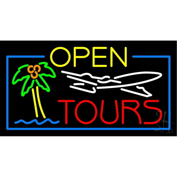 Open Tours LED Neon Sign 20 x 37 - inches, Black Square Cut Acrylic Backing, with Dimmer - Bright and Premium built indoor LED Neon Sign for Décor, Travel agency, Storefront.