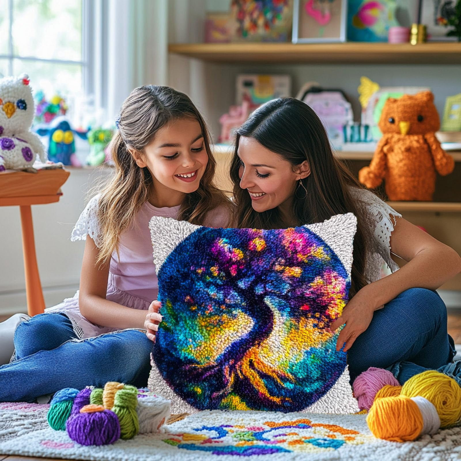 Colorful Tree Shining Sky DIY Latch Hook Pillow Kits for Adults Printed Pillowcase Crochet Yarns Hooking Handmade Pillow Cover Cushion for Home Sofa Decoration 17x17inch(2)