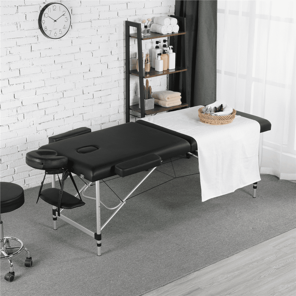 Renwick Portable 2 Fold Aluminum Massage Bed with Face Cradle, Black