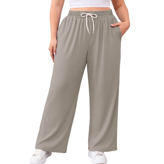 SHOWMALL Women's Plus Size Wide Leg Pants 1X-5X, Light Gray Soft Stretch Lounge Pants with Elastic Drawstring Waist and Pockets for Homewear and Travel