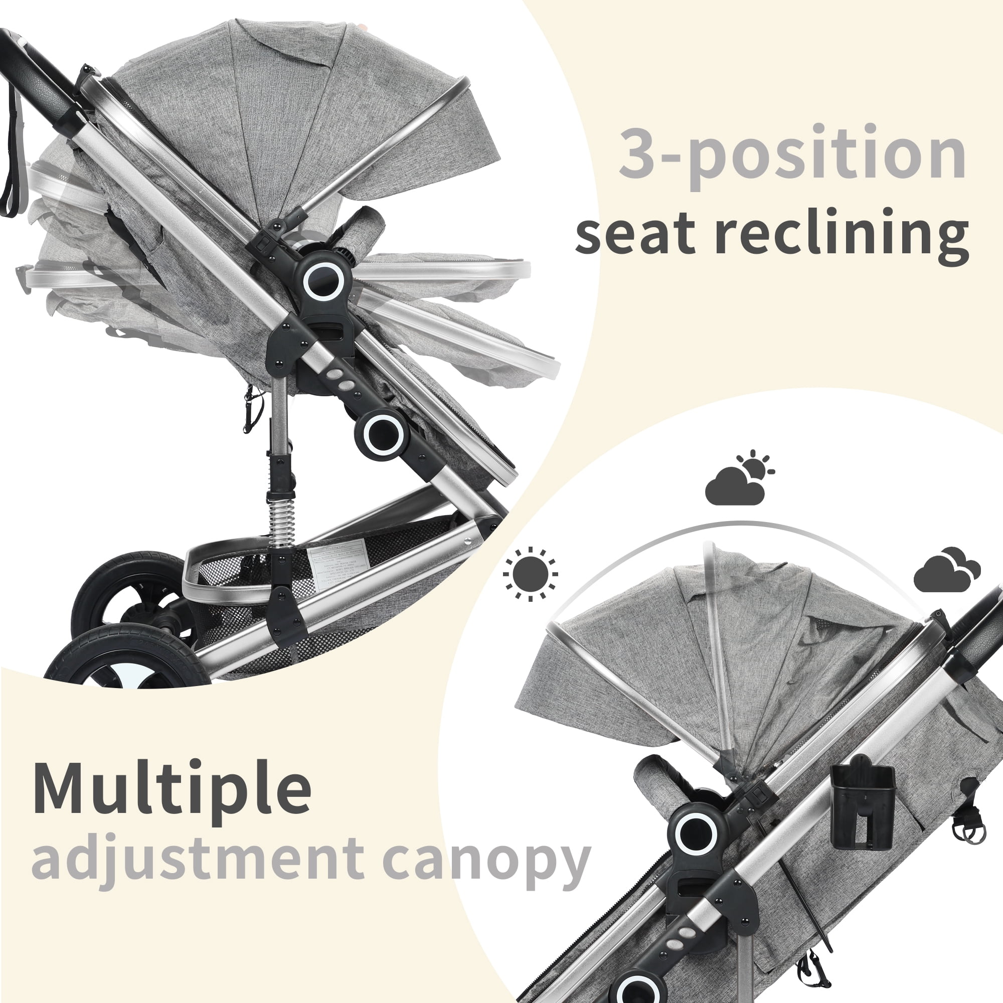 AILEEKISS 3-in-1 Convertible Baby Stroller with Big Seat and Adjustable Canopy, 24 Pounds, Dark Grey