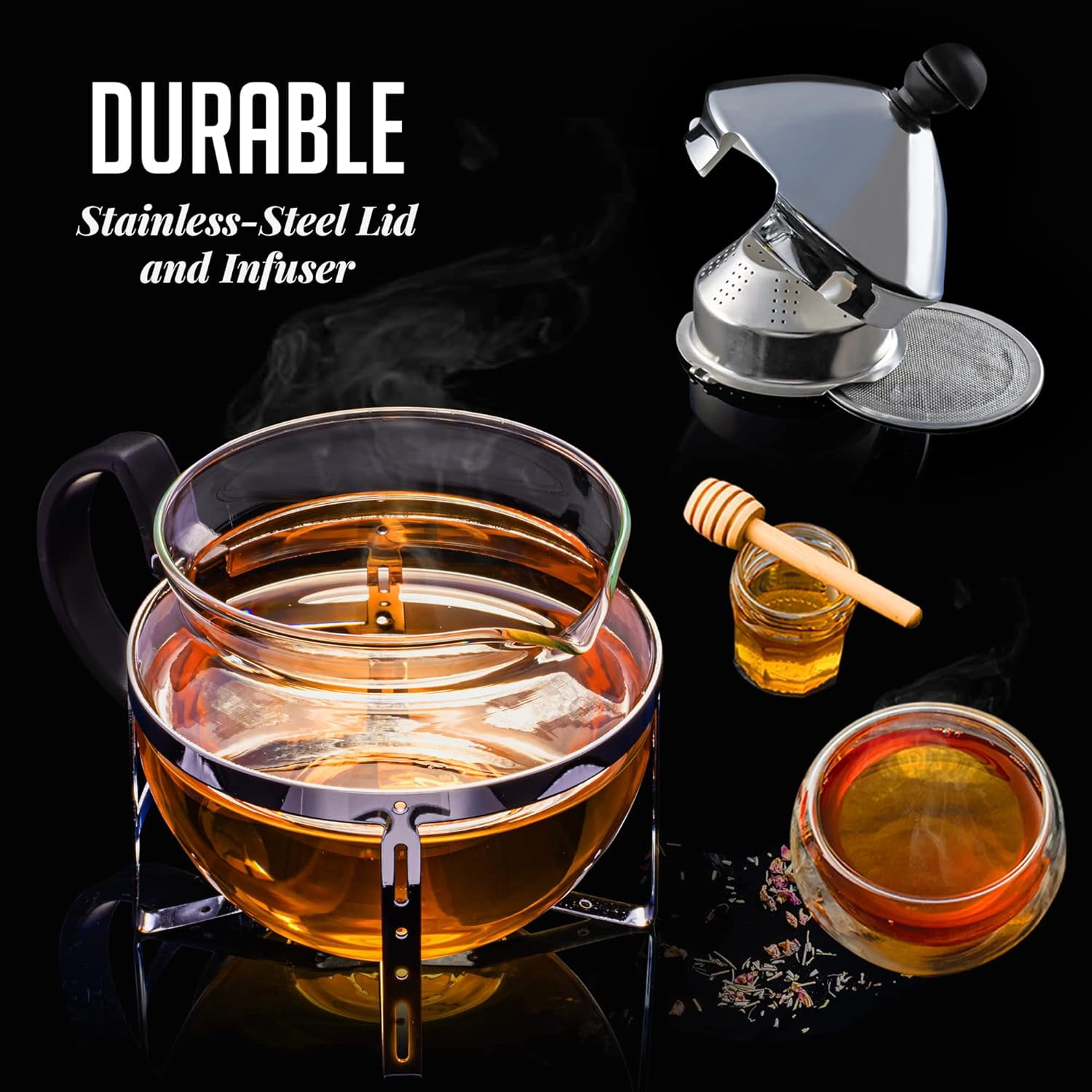 OVENTE Glass Teapot with Removable Stainless-Steel Infuser for Blooming Tea and Loose Leaf, 17oz Borosilicate Glass Tea Maker Perfect for Personal and Everyday Use, Clear FGH17T