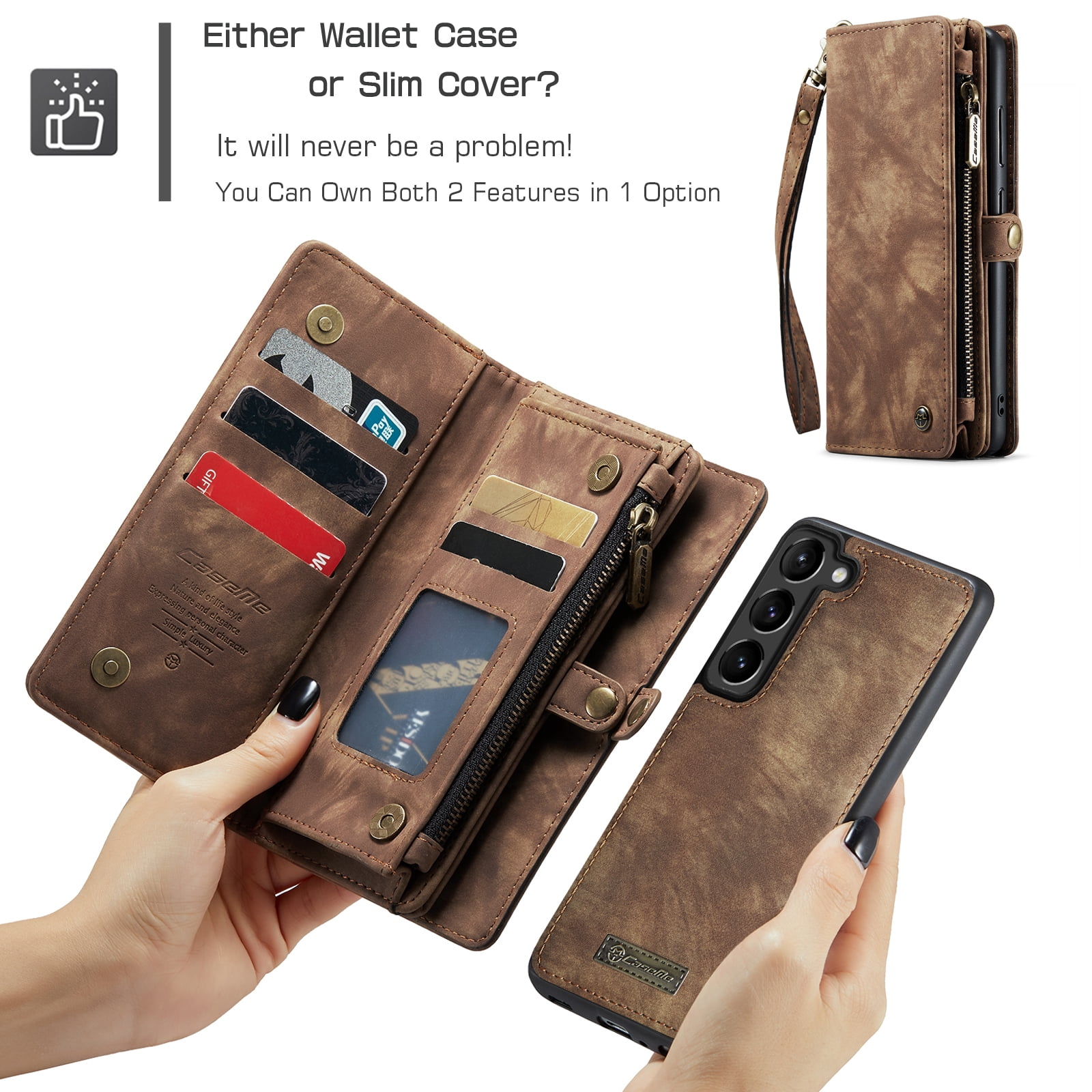 Allytech Magnetic Detachable Wallet Case for Samsung Galaxy A16 5G with Card Slots & Zipper Pocket, Support Wireless Charging, PU Leather Wrist Strap Shockproof Full Protection Flip Case, Darkbrown