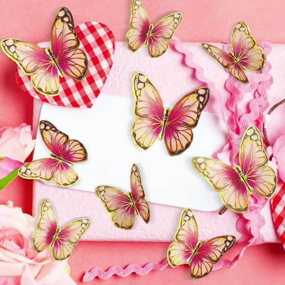 Summercome 3D Butterfly Wall Decor 12 PCS, Butterfly with Golden Border for Birthday Party Cake Decorations, Removable Butterfly Wall Decor Stickers for Baby Shower Decals 12PCS, Pink