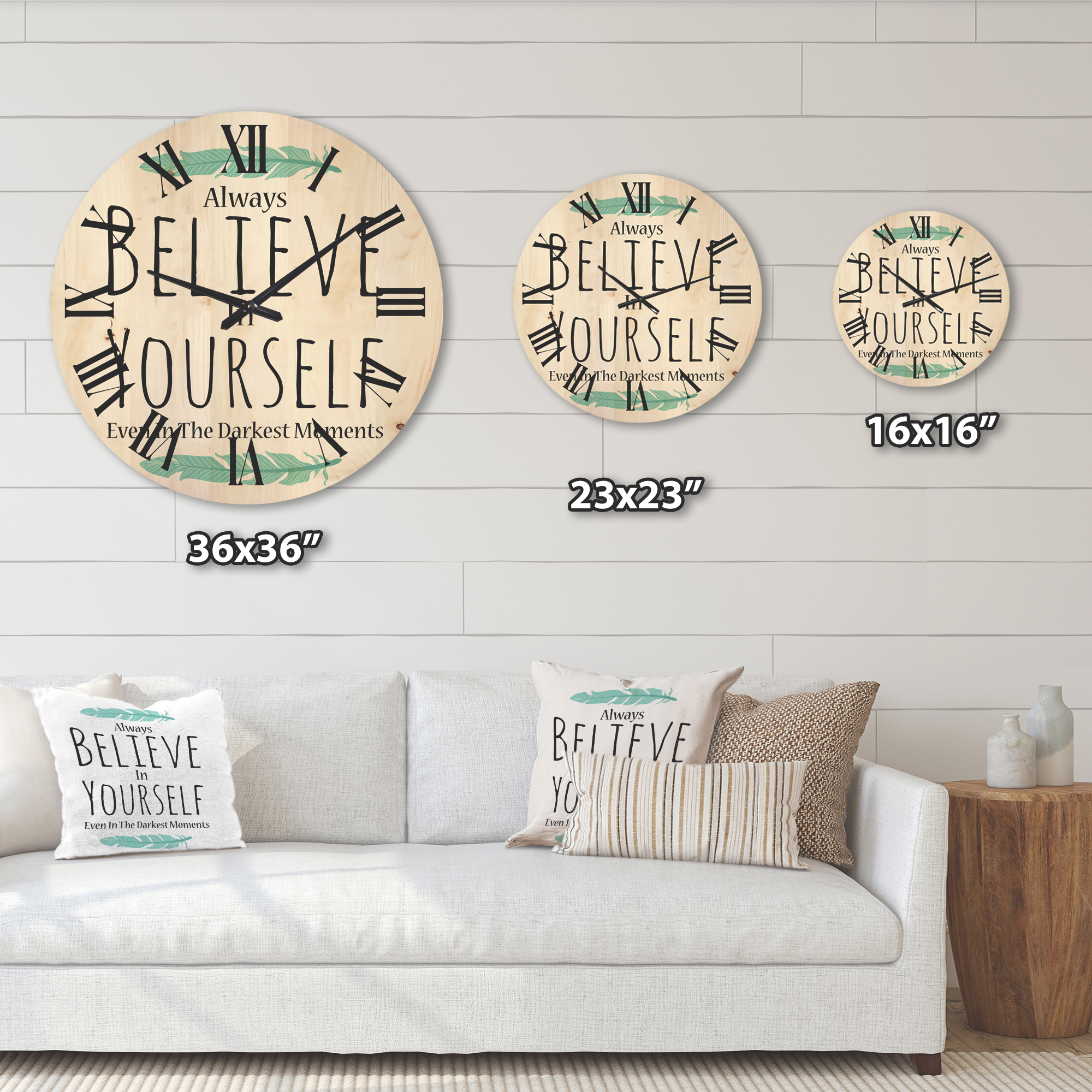Designart 'Believe In Yourself Quote On White' Traditional Wood Wall Clock