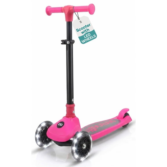 3-Wheel Foldable Kids Scooter - Child Toy Scooter with Built-in LED Wheel Lights, and Easy Maneuvering Lean-to-Steer Technology (Pink)