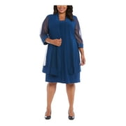 R&M RICHARDS WOMAN Womens Teal Stretch Embellished Sheer With Open Front Mesh Jacket Sleeveless Scoop Neck Above The Knee Evening Shift Dress Plus 2X