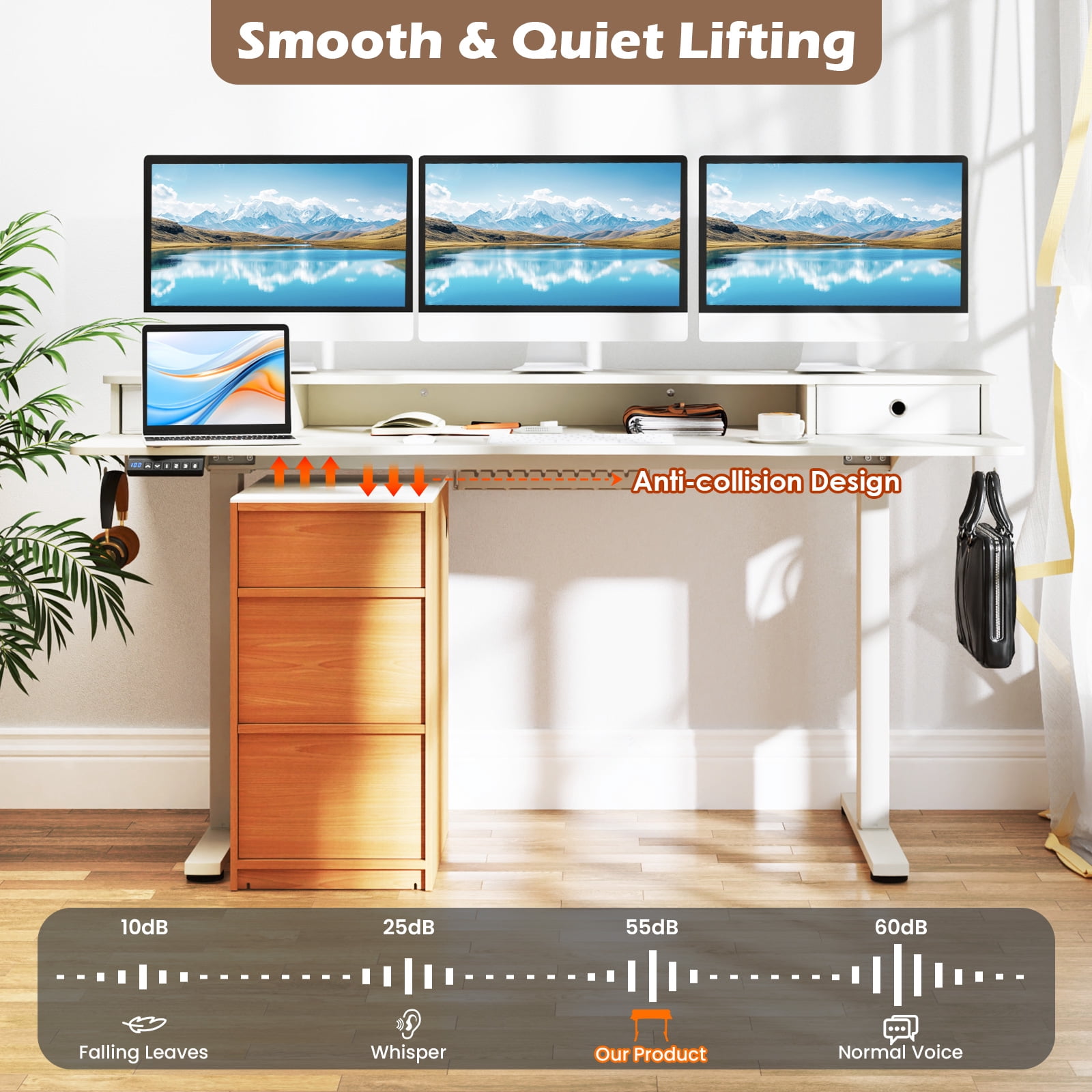 Topbuy 63" x 24" Standing Desk with Drawers Electric Stand-up Desk with Monitor Stand White