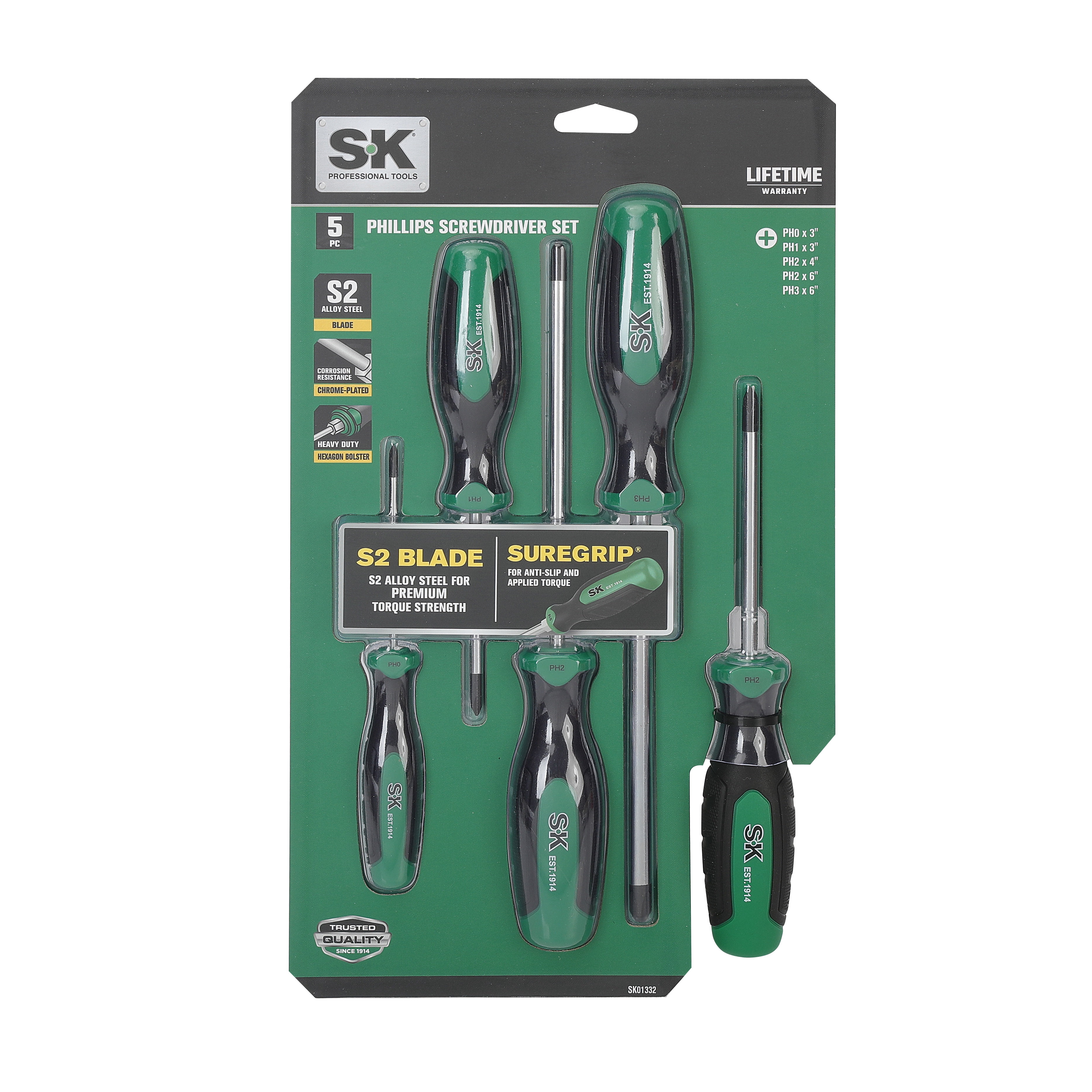 SK Hand Tools SK01332 5 Piece Steel Phillips Screwdriver Set with Comfort Grip Plastic Handle