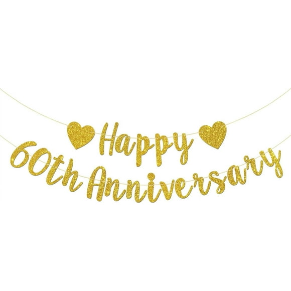 Happy 60th Anniversary Banner, 60th Wedding Anniversary, 60th Birthday, 60 Years Loved Party Decorations (Gold Glitter)
